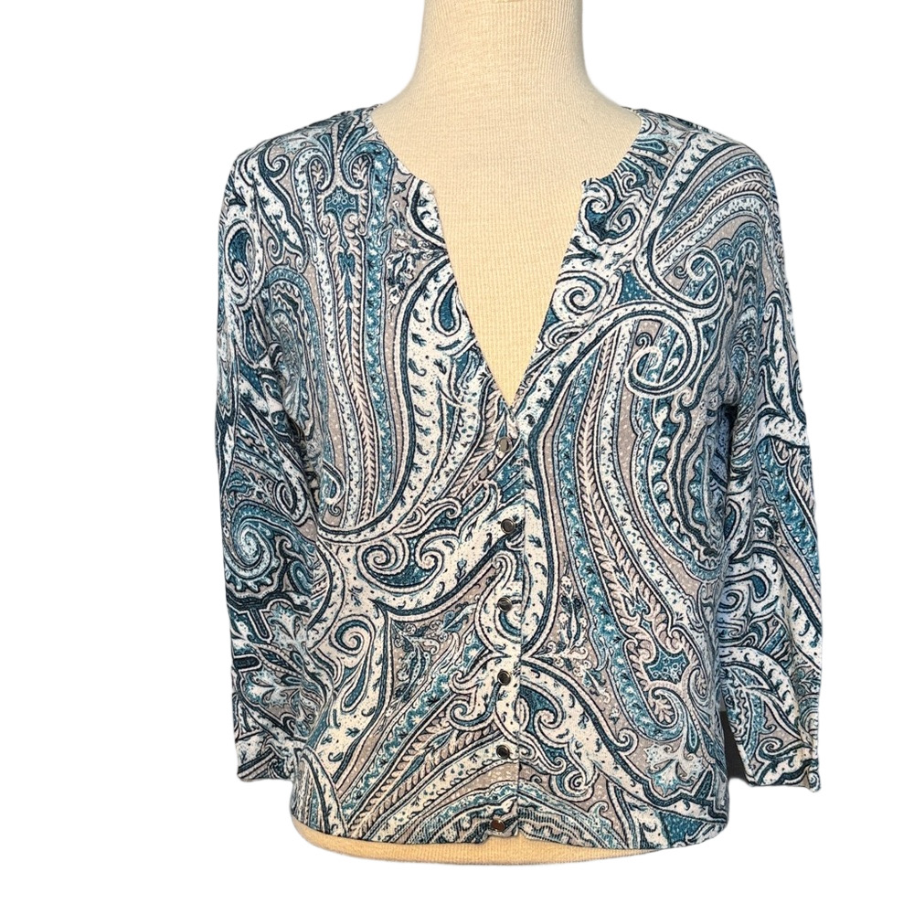 White House Black Market Blue White Paisley Blouse Women’s Large Elegant Top